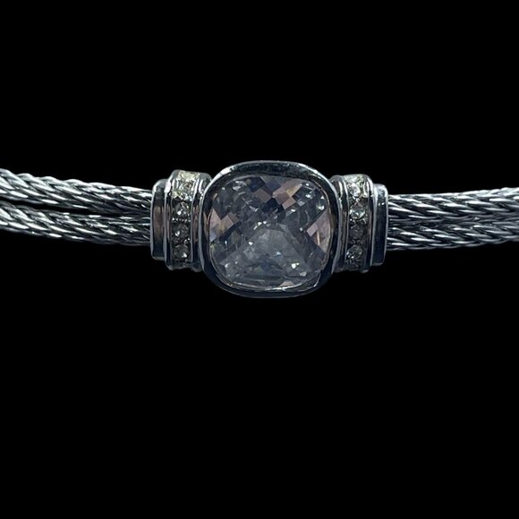 Silver Cable Cuff Bracelet Crystal Center Minimalist Elegant Timeless Preppy - Picture 4 of 6